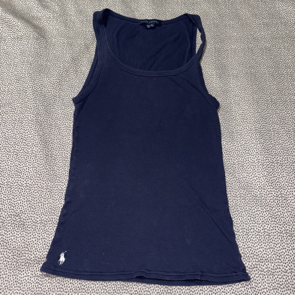 Y2K Vintage Ralph Lauren Tank Top Navy Blue Ribbed Cotton Large